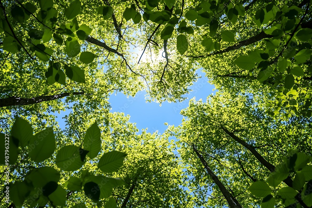 Fototapeta premium Sunlight shining through green leaves in forest canopy