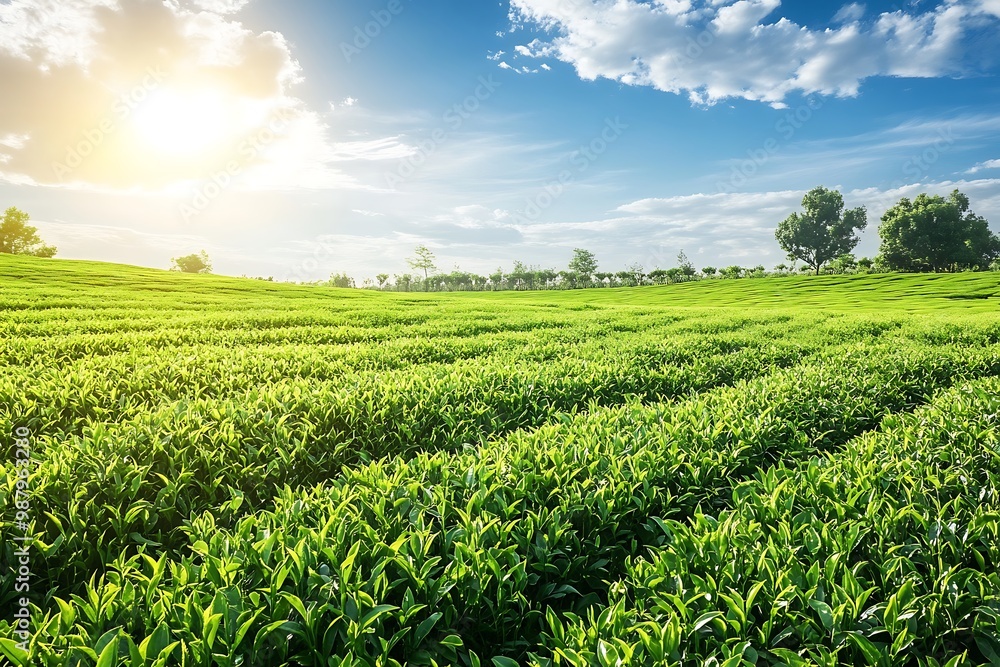 Scenic Green Tea Plantation Landscape Under a Sunny Sky Scenic Green Tea Plantation Landscape Under a Sunny Sky
