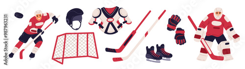 Cartoon ice hockey elements. Sport equipment. Team skate players. Athletic accessories and uniforms. Clubs with puck. Goalkeeper gates. Sportsman helmet and gloves. Garish vector set