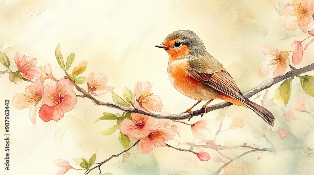 Fototapeta premium A charming bird perched on a blossoming branch, surrounded by soft pastel hues, capturing the essence of spring and nature's beauty.