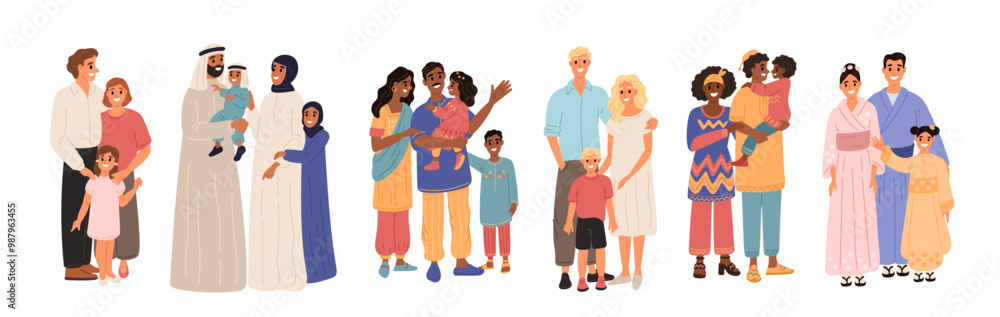 Cartoon happy families. Different nationalities people. Children standing together with parents. Indian couple. Africans group. Scandinavian ethnicity. European persons. Garish vector set Cartoon happy families. Different nationalities people. Children standing together with parents. Indian couple. Africans group. Scandinavian ethnicity. European persons. Garish vector set