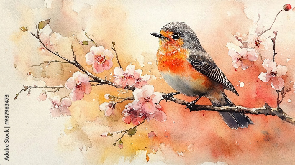 Fototapeta premium A vibrant watercolor of a bird perched on a flowering branch, showcasing nature's beauty in soft pastel hues.