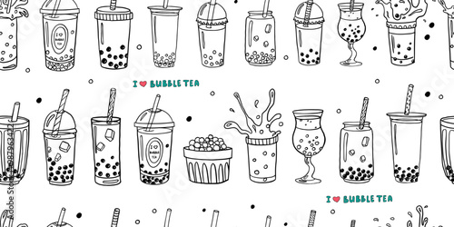 Seamless pattern of  bubble tea theme elements and lettering in doodle style. Boba milk tea, pearl milk tea and yummy drinks banner. Tea with tapioca splashing liquid. Cute vector illustration