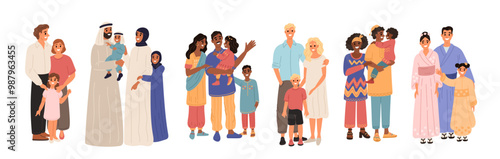 Cartoon happy families. Different nationalities people. Children standing together with parents. Indian couple. Africans group. Scandinavian ethnicity. European persons. Garish vector set