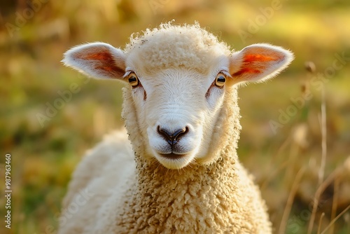 Close up Portrait of a Curious Sheep with a Soft, Fluffy White Fleece