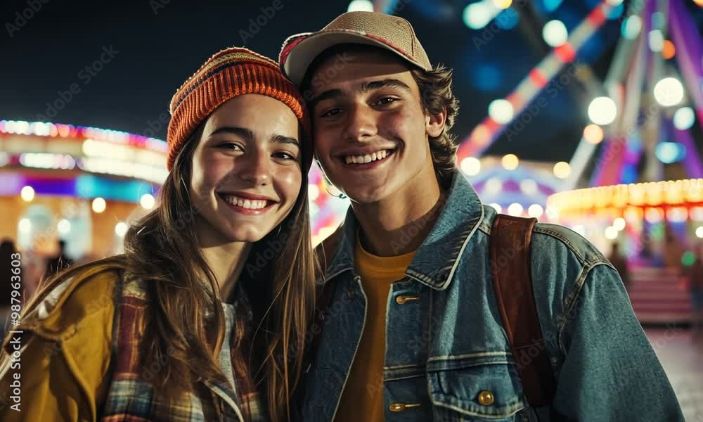 retro style fashionable couple in 80s standing in a carnival, happy vintage nostalgic photo retro style fashionable couple in 80s standing in a carnival, happy vintage nostalgic photo