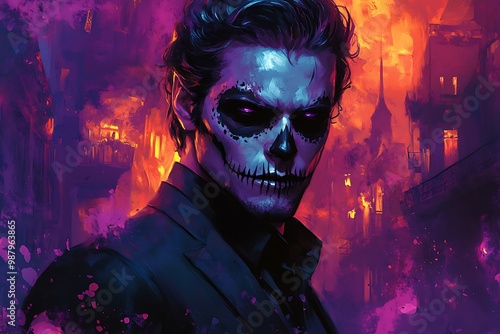 Digital manga cover featuring a watercolor art illustration of a man with a horror-themed joker face, isolated against a neon color background. photo