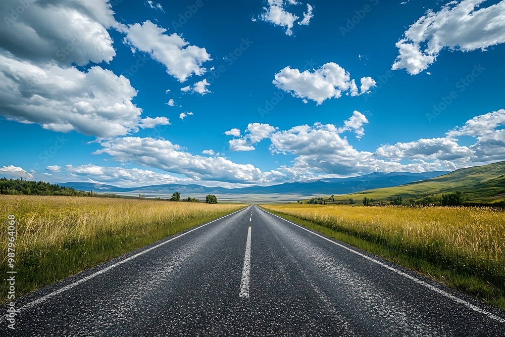 Empty asphalt road leading into the distance with blue sky and white clouds, concept of travel and journey Empty asphalt road leading into the distance with blue sky and white clouds, concept of travel and journey