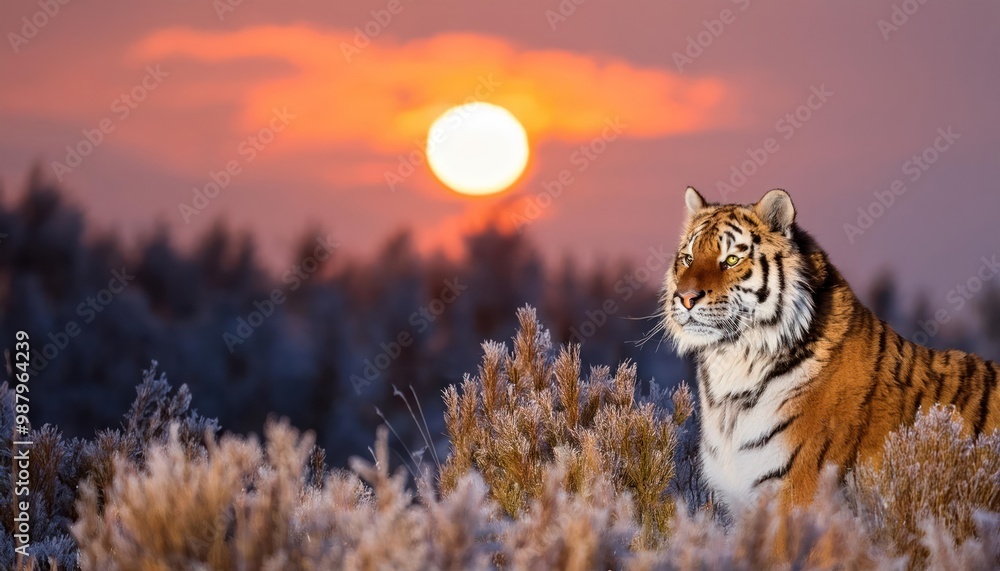 Obraz premium High quality photo. male Siberian tiger (Panthera tigris tigris) in the bush in the red sun