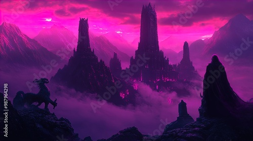 A fantastical landscape image showcases a hauntingly beautiful scene of towering, dark, and jagged castles emerging from a blanket of dense pink fog. The background is framed by massive, rugged mounta photo