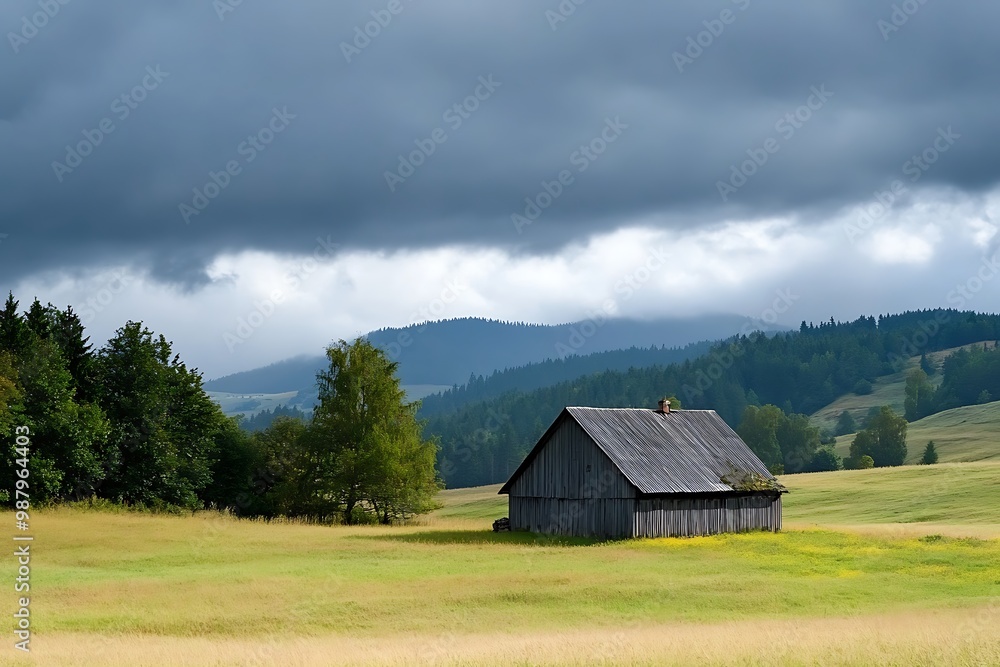 Lonely wooden cabin on a green meadow with dramatic stormy sky in the background. Landscape photography for interior design and more Lonely wooden cabin on a green meadow with dramatic stormy sky in the background. Landscape photography for interior design and more