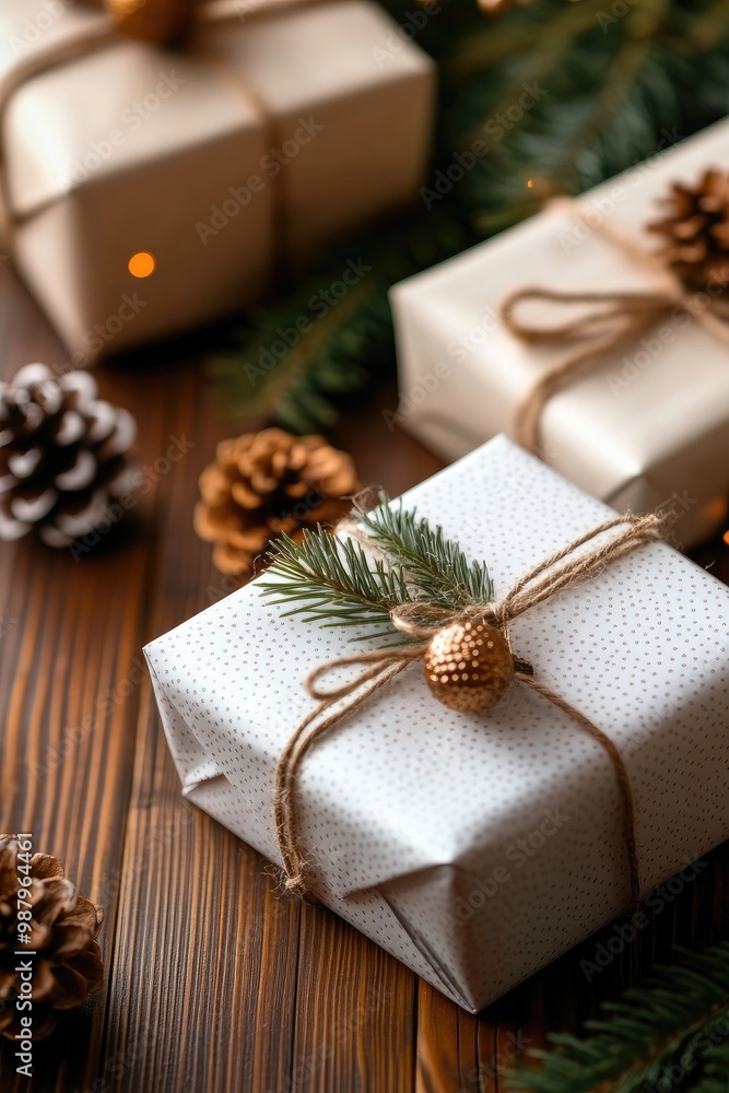 Holiday Presents and Fir Branches with Pine Cones on Dark Wooden Background Holiday Presents and Fir Branches with Pine Cones on Dark Wooden Background