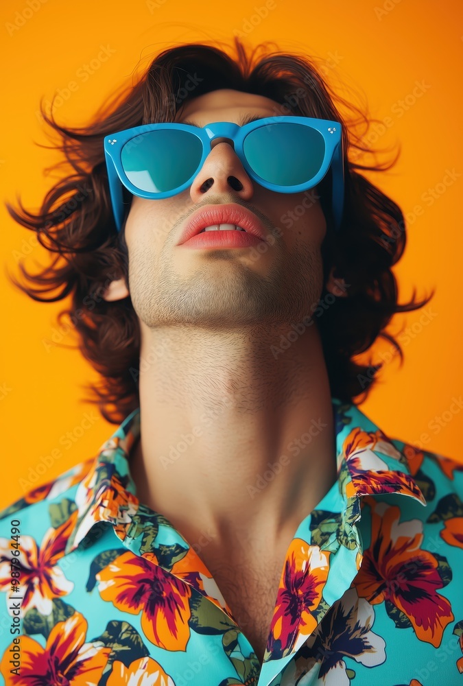 Young man wearing blue sunglasses and floral shirt against a vibrant orange background. Young man wearing blue sunglasses and floral shirt against a vibrant orange background.