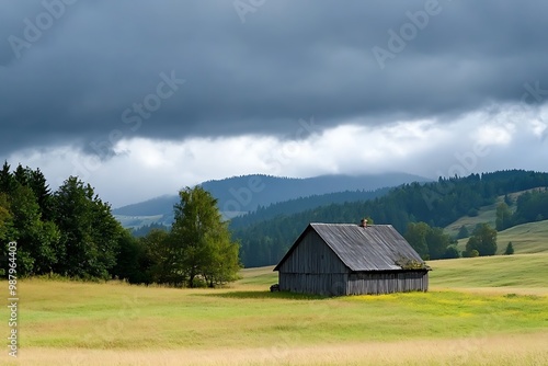 Lonely wooden cabin on a green meadow with dramatic stormy sky in the background. Landscape photography for interior design and more