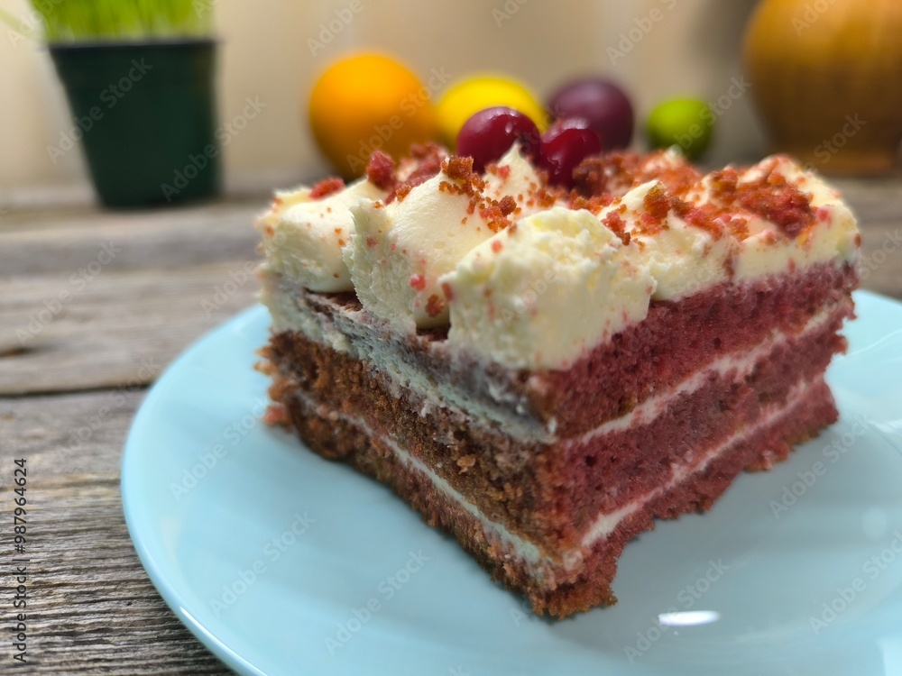 delicious piece of cherry cake covered with icing and cherries. High quality photos delicious piece of cherry cake covered with icing and cherries. High quality photos