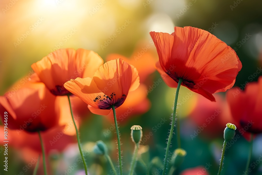 Obraz premium Red Poppy Flowers Blooming in Summer Meadow with Bee