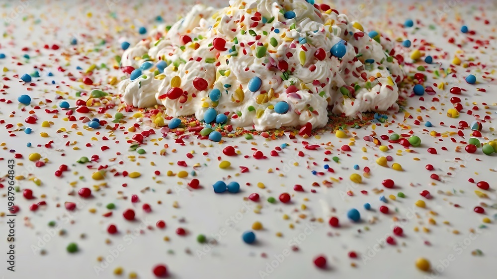 Close up image of a pile of whipped cream topped with colorful sprinkles Close up image of a pile of whipped cream topped with colorful sprinkles
