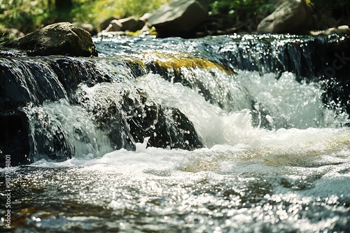Close up of rushing water in a small stream or creek flowing over smooth, round stones