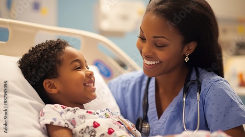 A high-resolution image of a pediatric nurse comforting a young patient with a warm smile and gentle touch, making the hospital experience less intimidating. photo