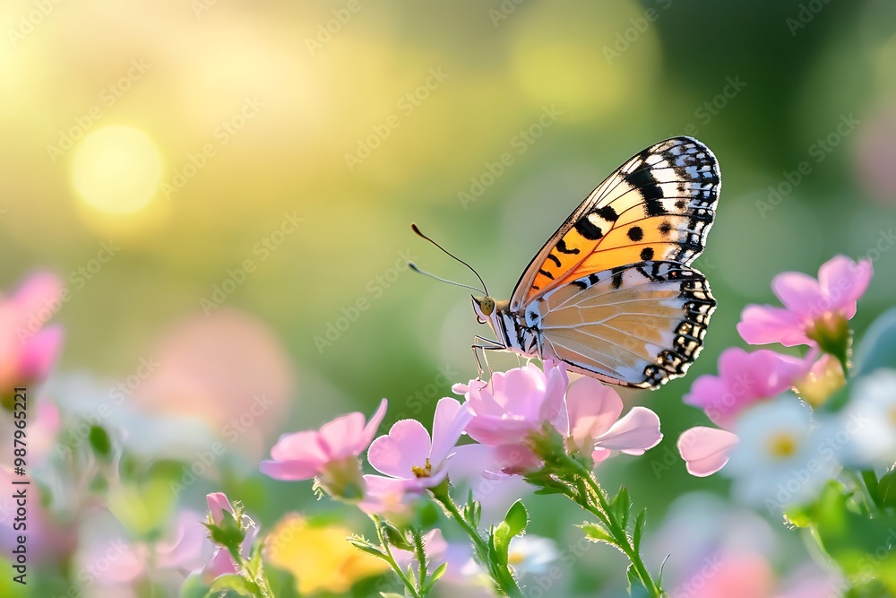 Fototapeta premium Beautiful Butterfly Perched on Pink Flowers in a Field with Sun Rays