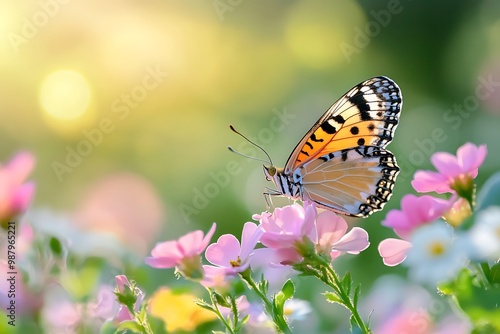 Beautiful Butterfly Perched on Pink Flowers in a Field with Sun Rays