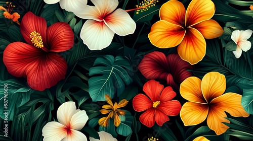 Vibrant Tropical Flowers and Lush Foliage