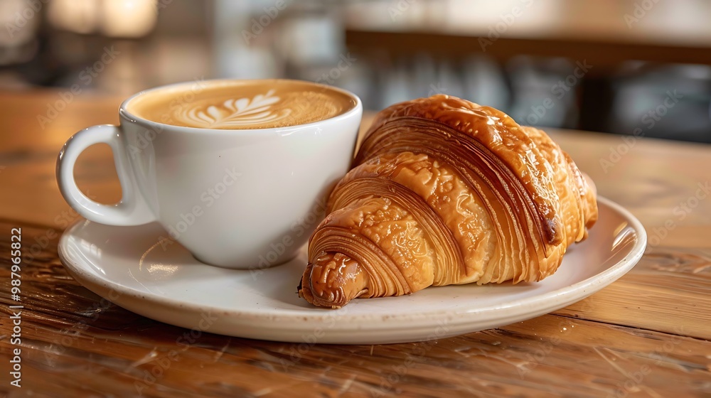 Enjoy a delicious cup of espresso paired with a golden flaky croissant on a pristine white ceramic plate set against a backdrop of a cozy café inviting you to savor the flavors of breakfast Enjoy a delicious cup of espresso paired with a golden flaky croissant on a pristine white ceramic plate set against a backdrop of a cozy café inviting you to savor the flavors of breakfast