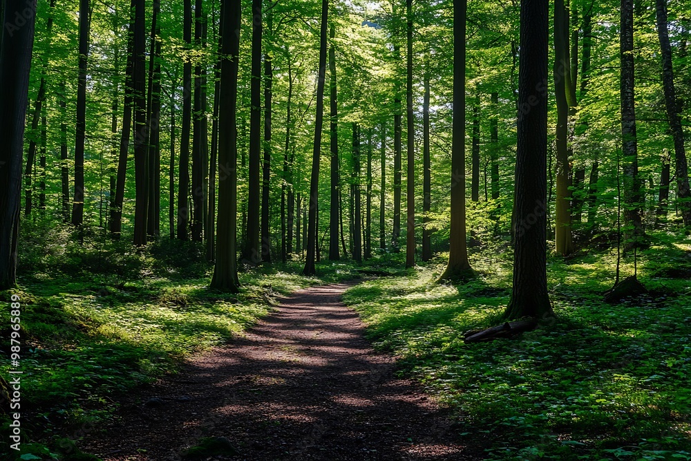 Sunlight streaming through the trees in a lush green forest with a path leading into the woods Sunlight streaming through the trees in a lush green forest with a path leading into the woods