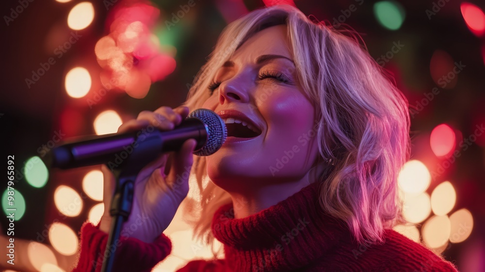 A joyful woman in her late thirties sings karaoke with a microphone at a festive holiday party, capturing the spirit of celebration with friends A joyful woman in her late thirties sings karaoke with a microphone at a festive holiday party, capturing the spirit of celebration with friends
