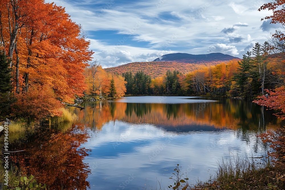 Obraz premium Autumn foliage reflected in a calm lake with mountains in the background.