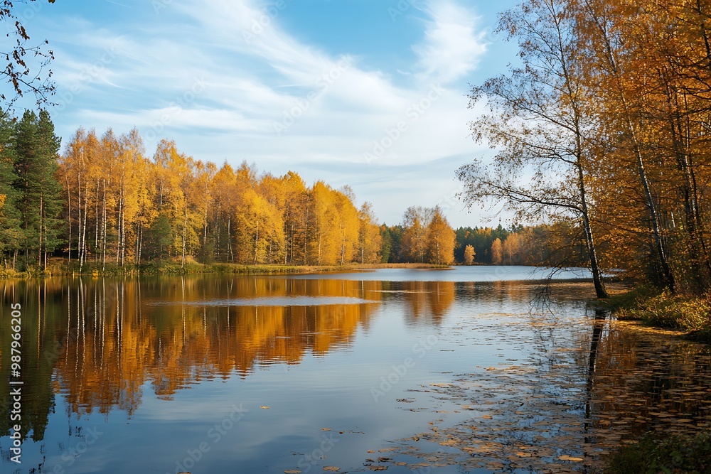 Obraz premium Autumn Lake Landscape with Golden Trees Reflecting in Calm Water
