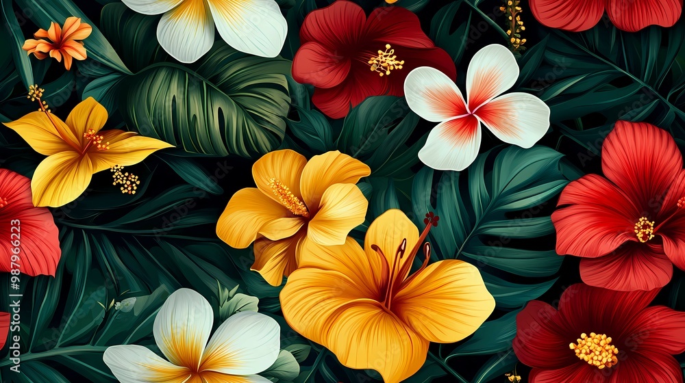 Vibrant Tropical Flowers and Lush Green Foliage Vibrant Tropical Flowers and Lush Green Foliage