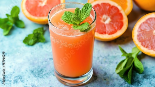 grapefruit mint juice with fresh mint leaves and grapefruit slices artfully arranged nearby