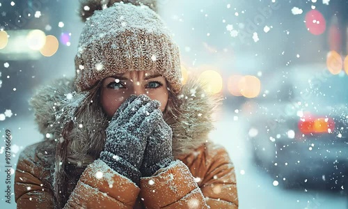 A woman in winter attire is shivering and standing outdoors, trying to stay warm photo