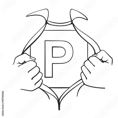 Two fists rip open a shirt to reveal a P plate license in a super hero style for successful new driver concept line art vector