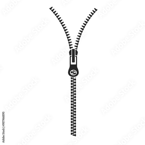 Realistic straight zipper being unzipped and half open silhouette vector