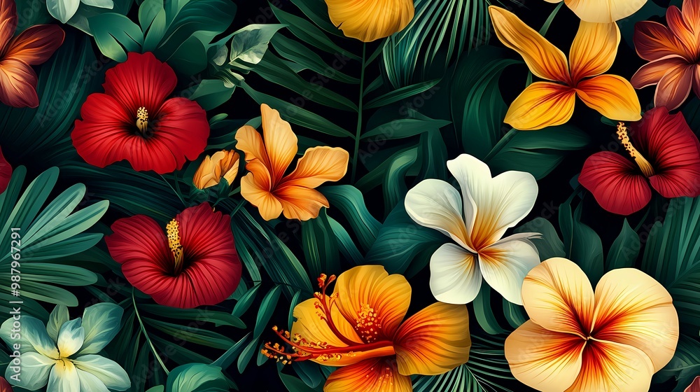 A Lush Tropical Floral Pattern with Vibrant Hibiscus and Plumeria Flowers A Lush Tropical Floral Pattern with Vibrant Hibiscus and Plumeria Flowers