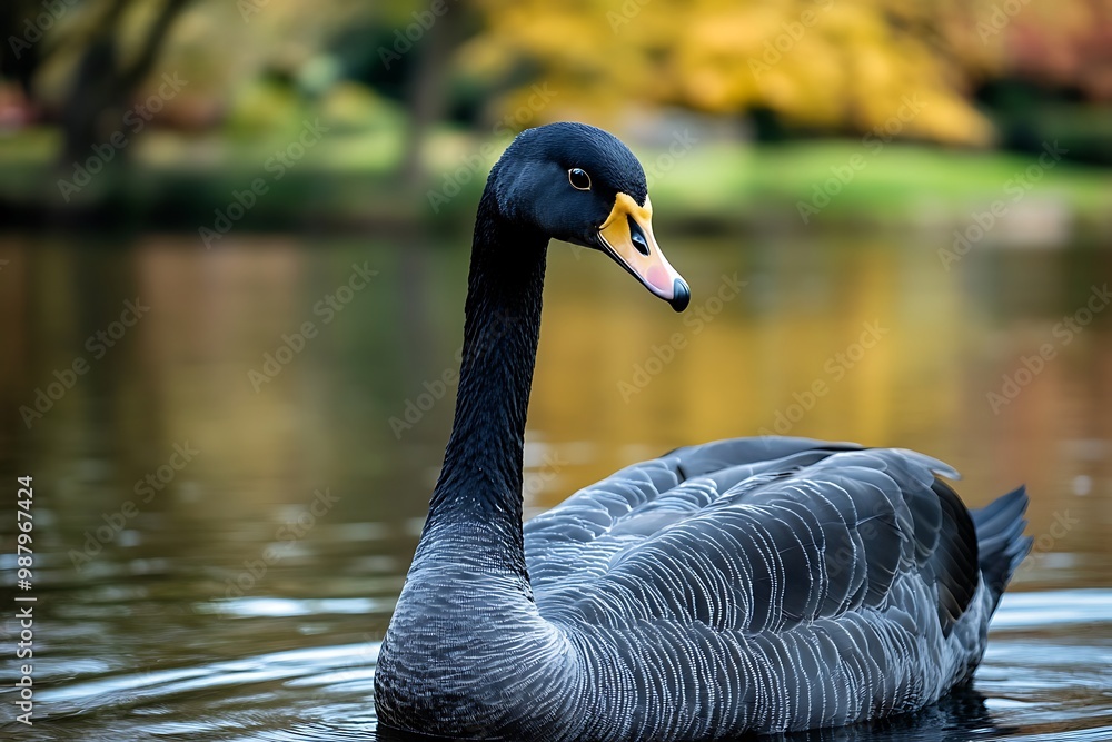 Obraz premium Black Swan swimming on a lake with yellow beak and autumn colors in the background