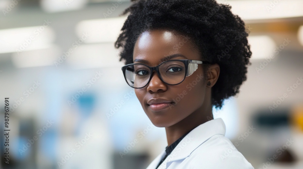 Innovative African female scientist, a trailblazer in academic research, embodying intellect and grace, transforming ideas into reality within a dynamic laboratory environment Innovative African female scientist, a trailblazer in academic research, embodying intellect and grace, transforming ideas into reality within a dynamic laboratory environment