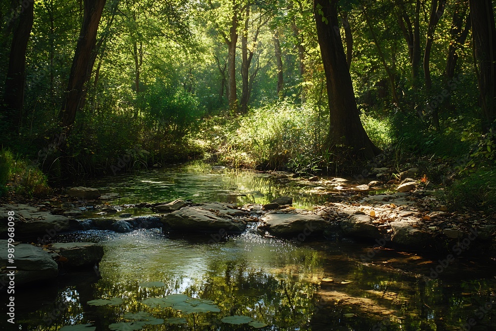 Sunbeams through the trees illuminate a tranquil stream flowing through a lush green forest