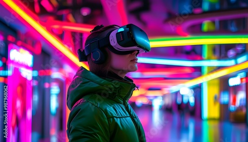 Immersive virtual reality experience in a futuristic neon-lit shopping mall