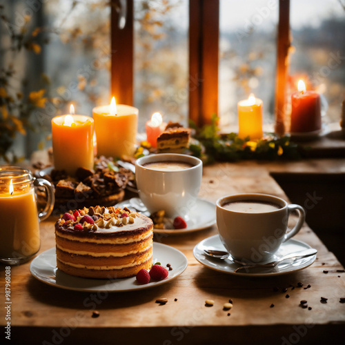 3. Breakfast table set with hot coffee, a birthday cake with lit candles, and assorted pastries, all in warm autumn light.