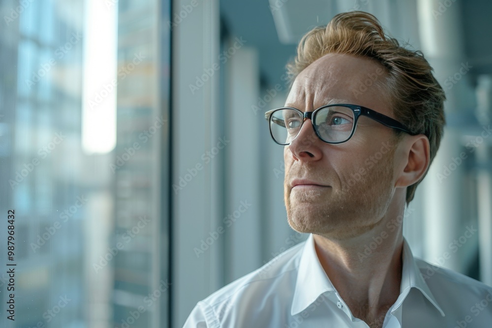 A man wearing glasses and a white shirt is standing in front of a window generative ai A man wearing glasses and a white shirt is standing in front of a window generative ai