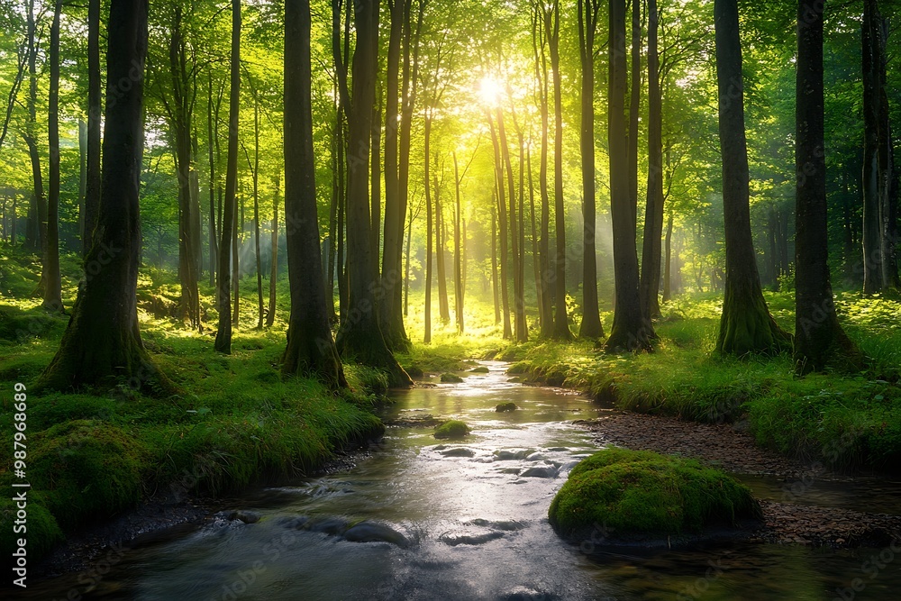 Obraz premium Sunlight shining through trees in a lush green forest with a flowing stream