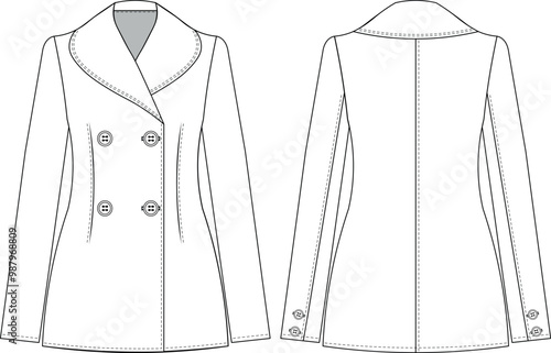 long sleeve double breasted buttoned shawl collared long jacket coat overcoar outerwear template technical drawing flat sketch cad mockup fashion woman design style model
