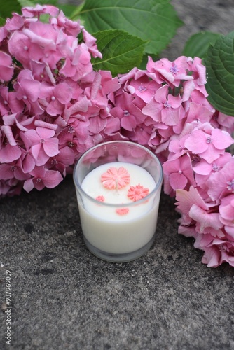 A handcrafted white soy candle featuring embedded pink flowers. This serene and aesthetically pleasing candle adds a touch of nature and elegance to any setting, ideal for wellness or home decor image