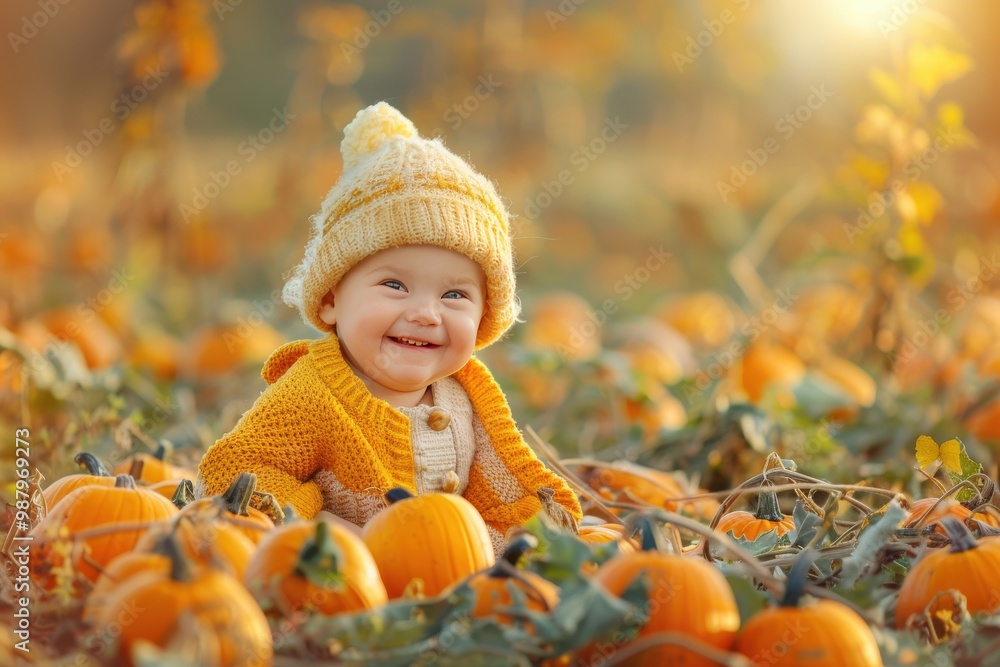 A baby is sitting in a field of pumpkins generative ai A baby is sitting in a field of pumpkins generative ai