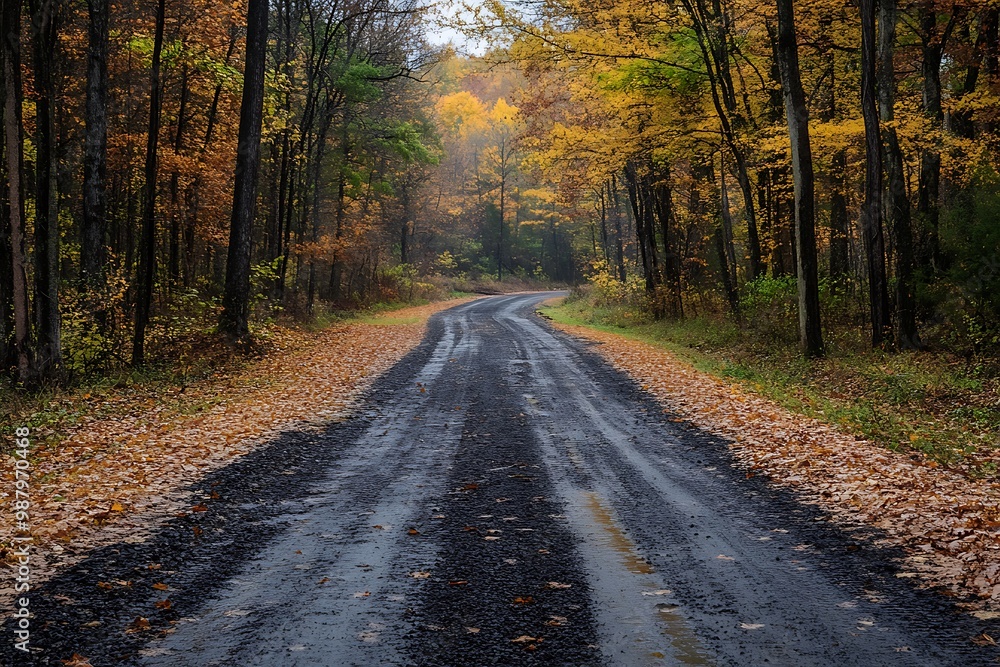 Obraz premium Paved road winding through colorful autumn forest