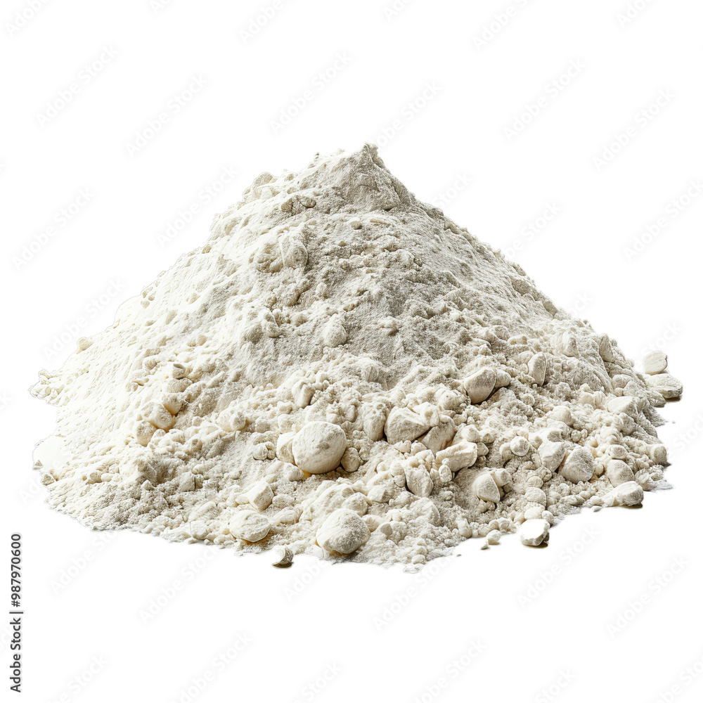 Large pile of white flour is sitting on a white background, making a mess Large pile of white flour is sitting on a white background, making a mess