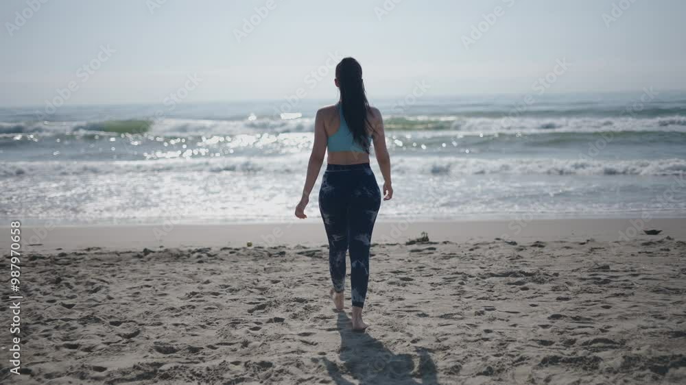 Young girl long-haired brunette Caucasian woman with a ponytail walking with her back to camera on the beach sand on a sunny day Young girl long-haired brunette Caucasian woman with a ponytail walking with her back to camera on the beach sand on a sunny day